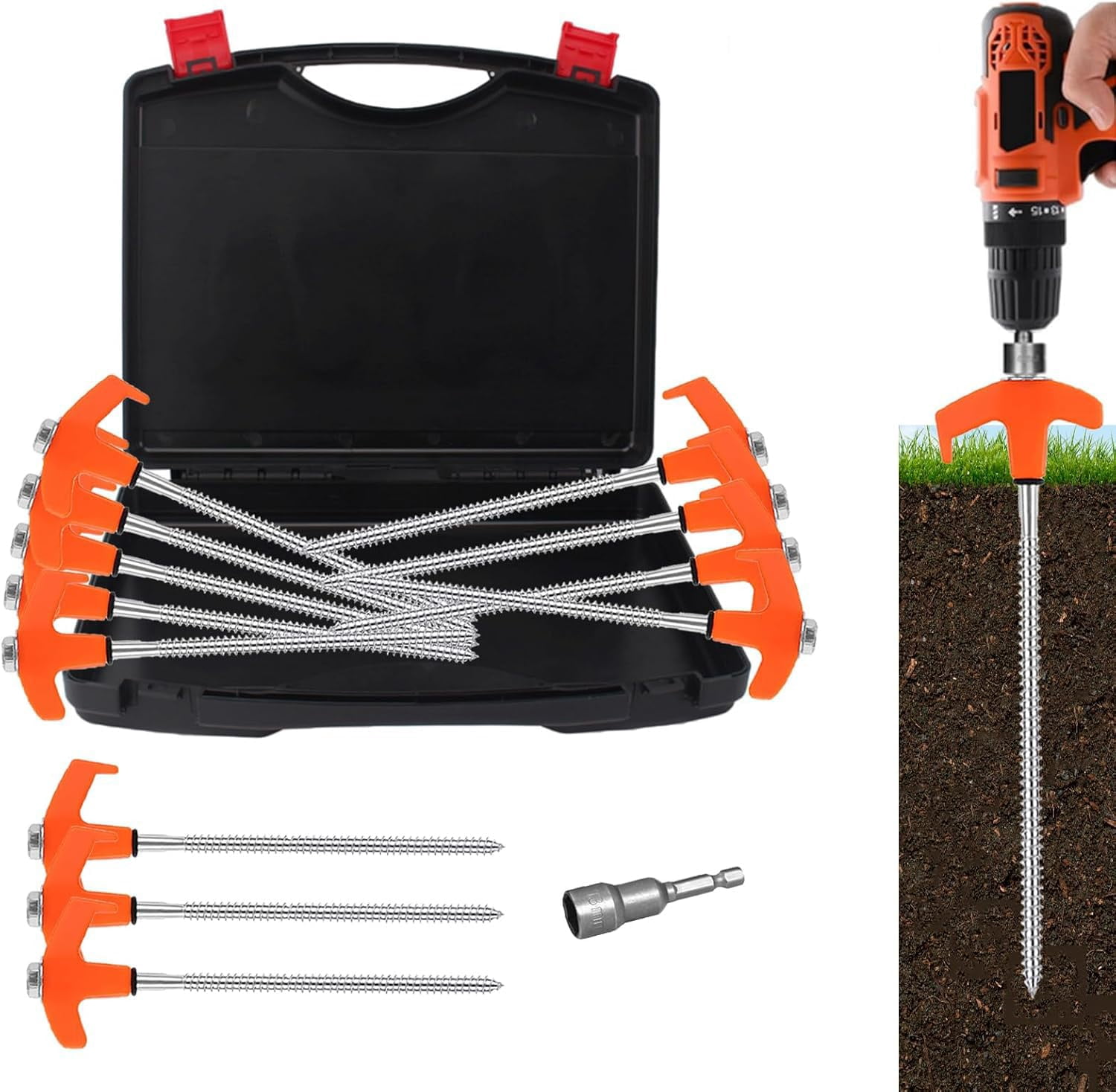 8" Tent Stakes Heavy Duty 12 Pack  Screw In Metal Threaded Camping Ground Anchors For Canopies Gardening Yard Inflatables With Storage Box And Hex Socket