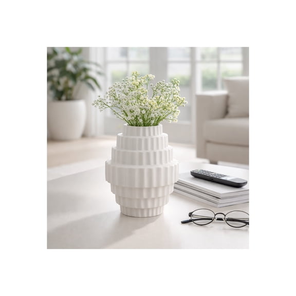 Geometric Vase for Living Room Decor - Modern Ceramic Flower Vase for Home Decor - Contemporary Sculpted Accent for Room, Bedroom, House, Office and Table Styling with Angular Form - 8", White