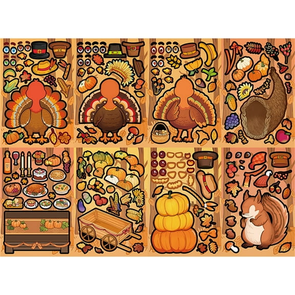 8 Thanksgiving Puzzle Face-Changing Stickers For , Cartoon Turkey Squirrel Reusable Pvc Static-Cling Diy Craft Stickers, Mix-And-Match Imaginative Play Educational Gift For 4+