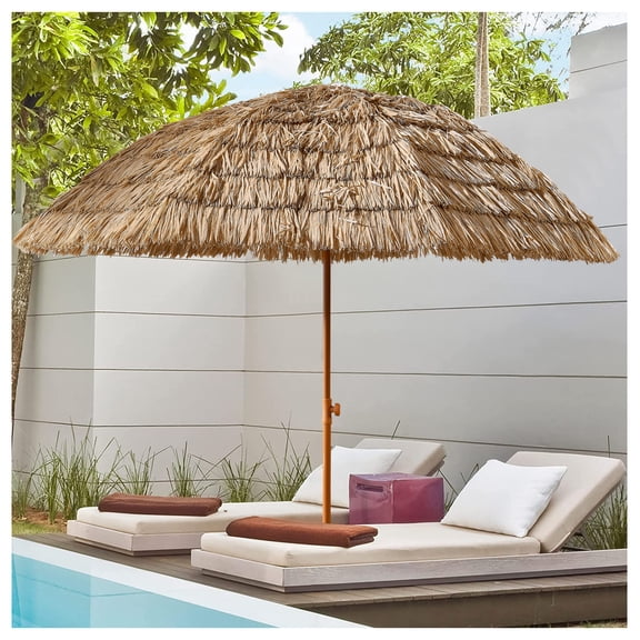 8'Thatch Patio Tiki Umbrella Tropical Palapa Raffia Tiki Hut Hawaiian Hula Beach Umbrella,Straw umbrella Brown + Half Circle + No Foundation Needed + Manual + Garden