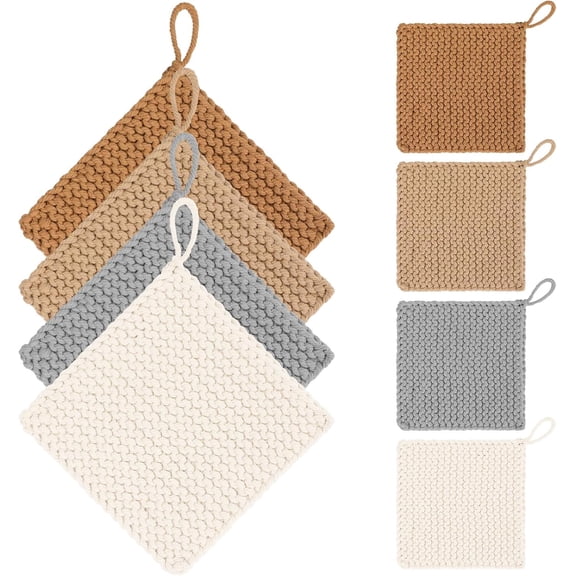 8" Thick Crocheted Pot Holders Neutral Square Cotton Woven Coasters Hot Pads Heat Resistant Handmade Place Mats for Home Dining for Tea Cups, Pots, Drinks and Hot Dishes