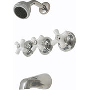 8" Three-handle Tub and Shower Faucets, Chrome Plated, Washerless, Porcelain Handle - Plumb USA 34580