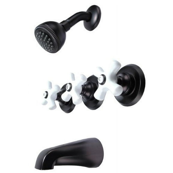 8" Three-handle Tub and Shower Faucets, Oil Rubbed Bronze, Washerless, Porcelain Handle - Plumb USA 34580bob