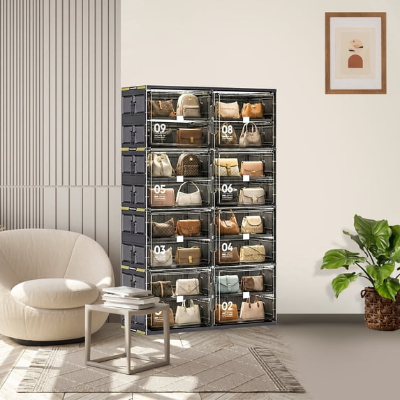 Jwesimple 8-Tier Double Column Shoe Rack with Magnetic Clear Doors, Space-Saving Entryway Organizer, Holds 32 Pairs