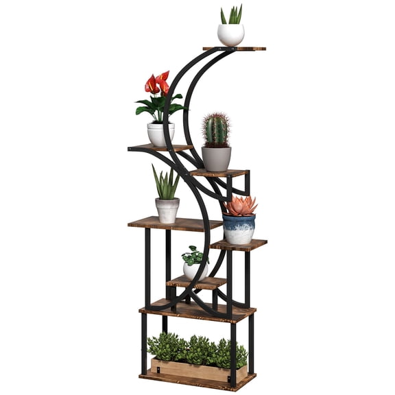 8 Tier 62 Inch S Shaped Indoor Plant Stand Corner Shelf Carbonized Finish for Multiple Plants
