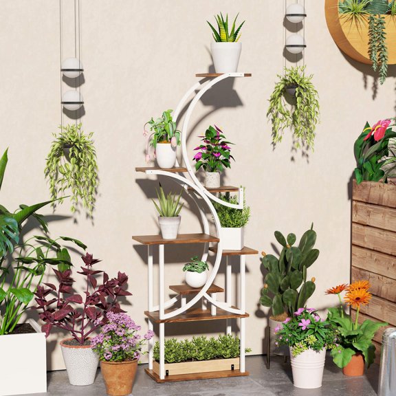 8 Tier 62 Inch S Shaped Indoor Plant Stand Corner Shelf Carbonized Finish for Multiple Plants
