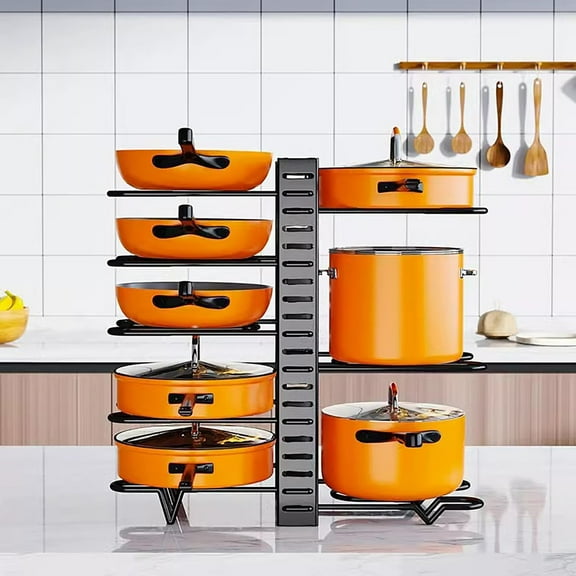 8-Tier Adjustable Metal Pot & Pan Organizer Rack – Space-Saving Vertical or Horizontal Cabinet Storage Solution, with 3 Mode Adjustable Pan Organizer