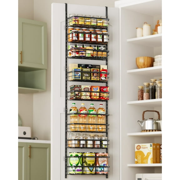 8-Tier Adjustable Over the Door Pantry Organizer with 2 Sets Hooks Fits Most Doors, Hanging Spice Rack for Pantry Door Organizer And Storage, Black