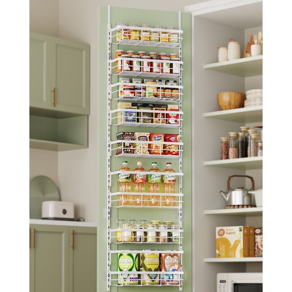 8-Tier Adjustable Over the Door Pantry Organizer with 2 Sets Hooks Fits Most Doors, Hanging Spice Rack for Pantry Door Organizer And Storage, White