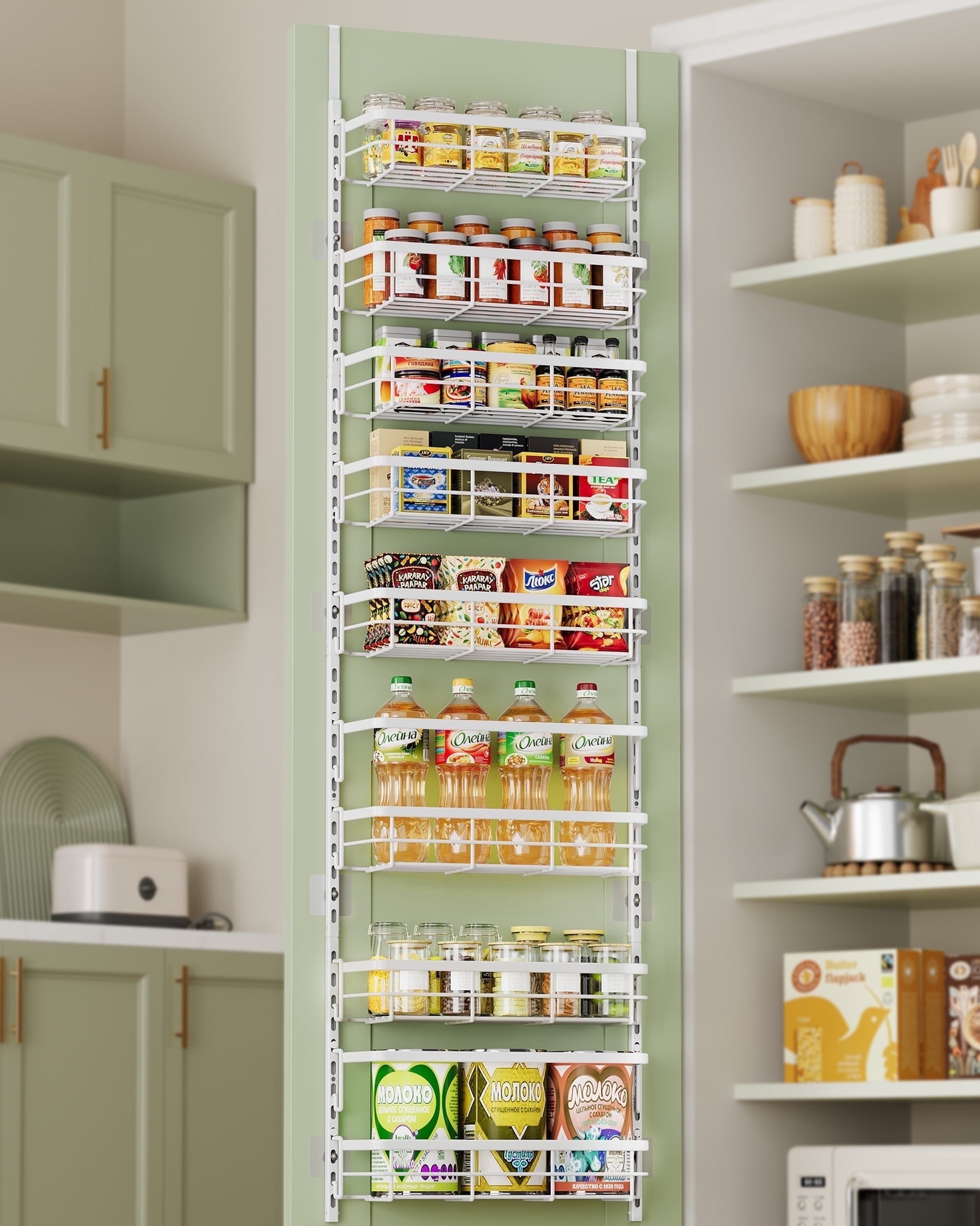 8-Tier Adjustable Over the Door Pantry Organizer with 2 Sets Hooks Fits Most Doors, Hanging Spice Rack for Pantry Door Organizer And Storage, White