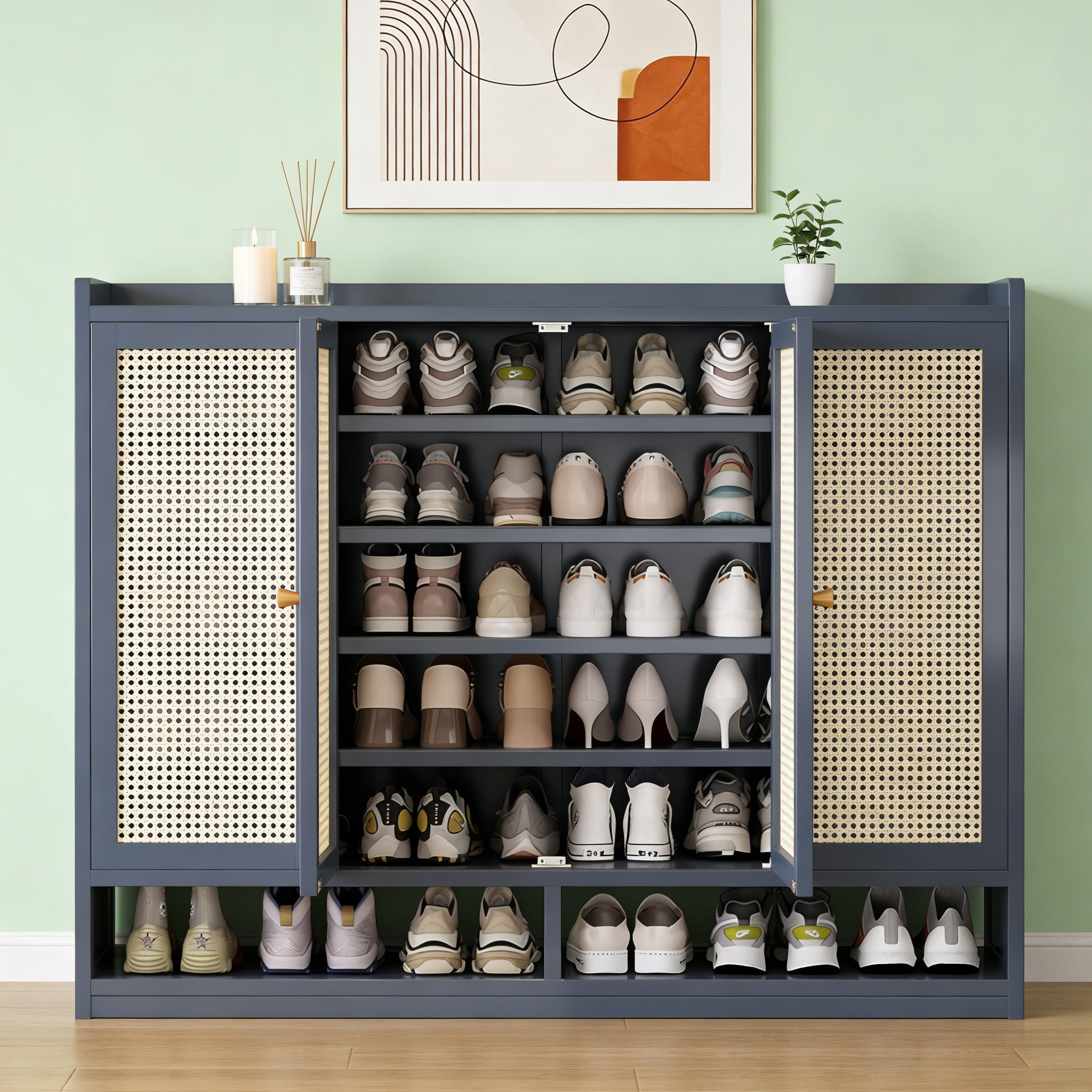 8-Tier Bamboo Shoe Cabinet, 40 Pairs Shoe Storage Cabinet with Doors, Freestanding Bamboo Shoe Rack Organizer with Shelves for Entryway, Hallway, Closet, Living Room, Grey