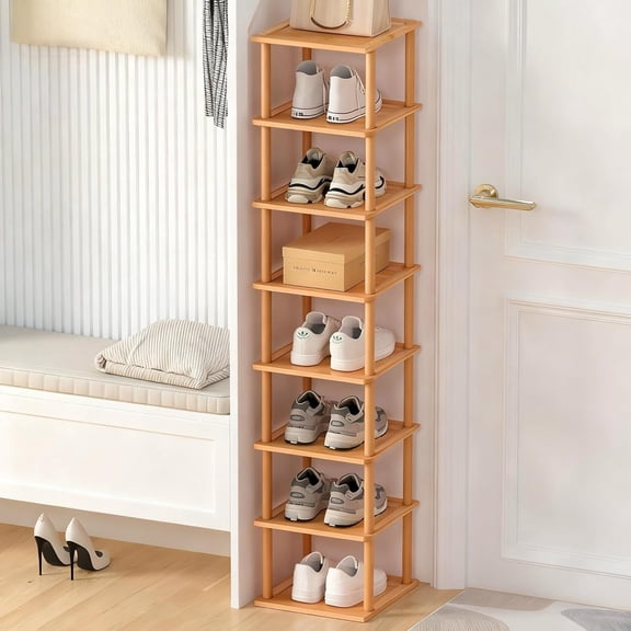 8 Tier Bamboo Shoe Rack Free Standing Slim Narrow Vertical Tall Shelf Organizer for Small Spaces