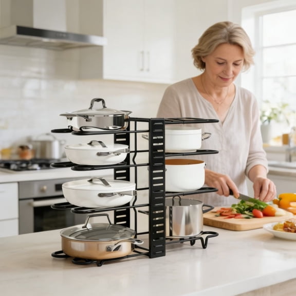 8-Tier Black Metal Pot Rack | Narrow Slot Design, Strong Load Capacity, Foldable for Easy Transport, Multi-Functional Shelves for Plants or Miscellaneous Items, Non-Slip and Scratch-Resistant