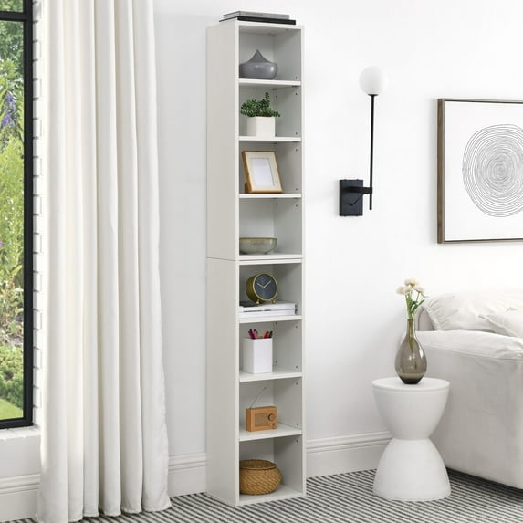 8-Tier Bookshelf, Ultra-thin Storage Cabinet with Adjustable Shelf, Media Tower Rack, Suitable for Office Study and Living Room Display,White