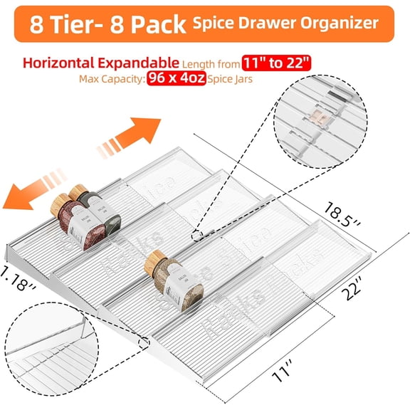 8 Tier Clear Acrylic Spice Drawer Organizer, Expandable 11'' to 22'' Kitchen Storage for Jars
