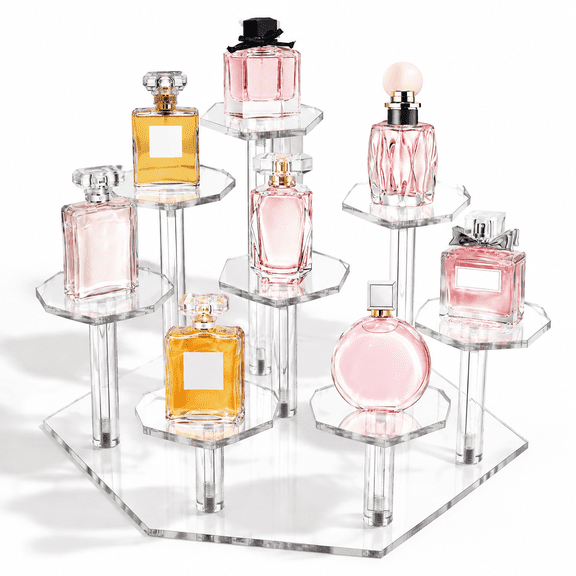8 Tier Clear Hexagon Countertop Display Stand for Pop Figures, Perfume and Desserts