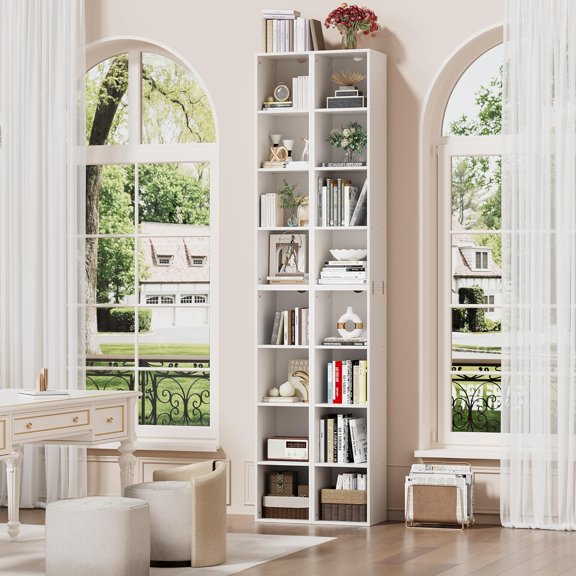 8-Tier Corner Bookshelf with Storage, Tall Narrow Wooden Cube Shelf for Living Room