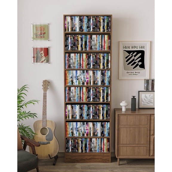 8 Tier DVD Storage Shelf with Adjustable Shelves fits Over Baseboard | Bottom cutout fits baseboard & wall, Adjust shelves to fit DVD & CD cases without wasted space, Labeled parts & clear guide