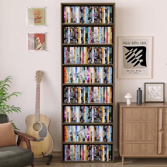 8 Tier DVD Storage Shelf, DVD Shelf holds up to 280+ DVD, Brown | Supports 280+ DVD or 1000+ CD storage, 70.9" x 23.6" x 9" Open slim DVD shelf, Labeled parts & clear guide