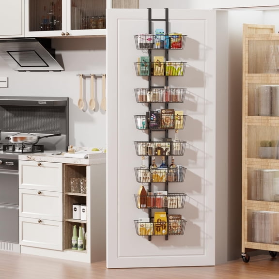 8-Tier Over the Door Organizer with Baskets, Adjustable Metal Hanging Storage Rack for Pantry, Kitchen, Spices & Laundry, Heavy Duty Door Mount Shelf, Black