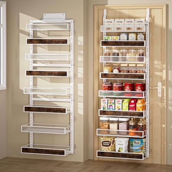 8 Tier Over the Door Pantry Organizer 2 IN 1 Hanging or Wall Mounted Spice Rack with Adjustable Basket,Heavy Duty Seasonning Storage Shelf for Kitchen Pantry and Bathroom White,8 Tiers