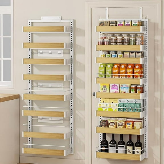 8 Tier Over The Door Pantry Organizer, 2 IN 1 Wall Mount or Hanging Spice Rack Seasoning Shelves with Adjustable Basket, Back of Door Organizer and Storage for Kitchen Cabinet and Room Closet