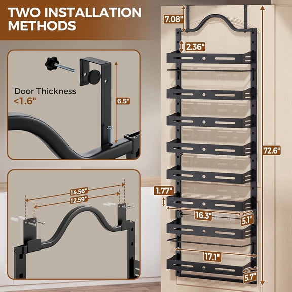 8-Tier Over The Door Pantry Organizer, Large 2 IN 1 Wall Mount or Hanging Spice Rack, Pantry Door Organizer and Storage with Adjustable Basket, Door Spice Rack for Pantry, Black