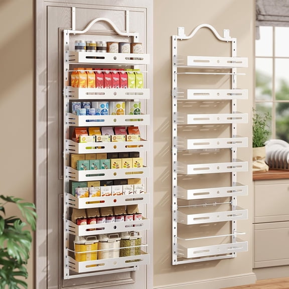 8-Tier Over The Door Pantry Organizer, Large 2 IN 1 Wall Mount or Hanging Spice Rack, Pantry Door Organizer and Storage with Adjustable Basket, Door Spice Rack for Pantry, White