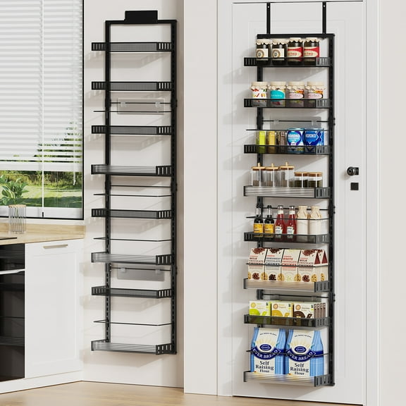 8-Tier Over the Door Pantry Organizer, Large Door Spice Rack with Adjustable Metal Baskets, Heavy Duty Hanging or Wall Mounted Storage Organizer for Kitchen Pantry and Room Wall
