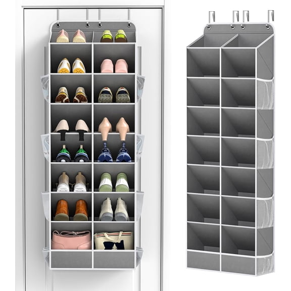 8 Tier Over the Door Shoe Organizer of Deep 16 Compartments, 50lbs Load Shoe Rack for Door in Oxford Holds 16-24 Pairs, Stain-Resistant Hanging Shoe Organizer for Closet, Grey