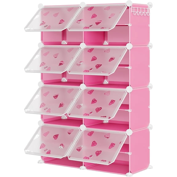 8-Tier Expandable Shoe Rack Organizer with Doors, Modular PVC Shoe Storage Cabinet, Pink