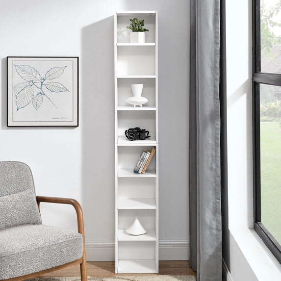 8-Tier Media Tower Rack, CD DVD Storage Cabinet with Adjustable Shelves, Tall Narrow Bookcase for Home Office, Multi-functional Double-Decker Bookshelf, White