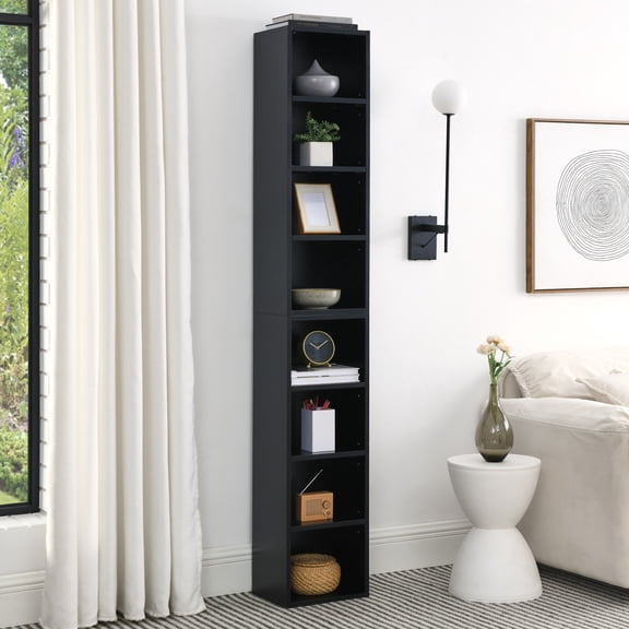 8-Tier Media Storage Tower with Adjustable Shelves, Slim CD DVD Cabinet Organizer, Tall Narrow Bookcase for Home Office Display, Multi-Functional Double Decker Bookshelf