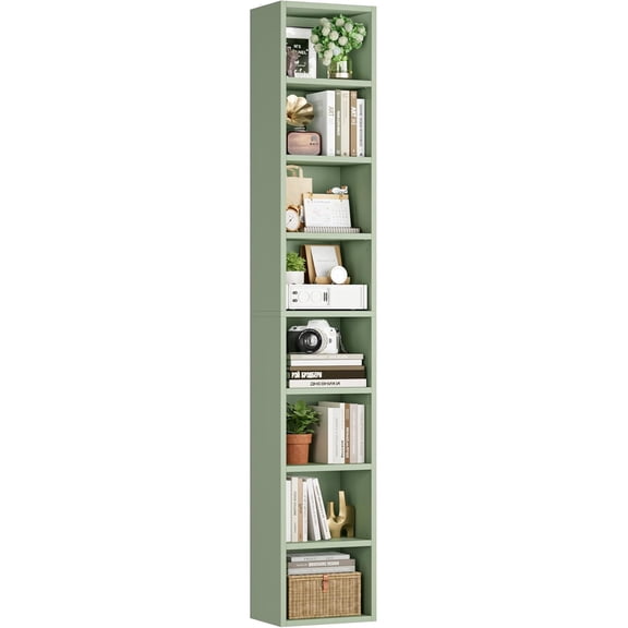 8-Tier Media Tower Rack, 11.6 X 9.3 X 70.9 Inches CD DVD Slim Storage Cabinet with Adjustable Shelves, Tall Narrow Bookcase Display Bookshelf for Home Office, Green