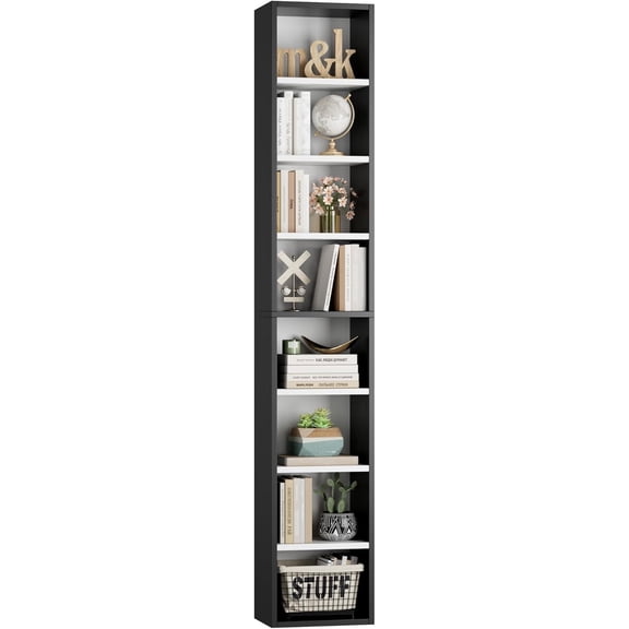 8-Tier Media Tower Rack, 11.6 X 9.3 X 71 Inches CD DVD Slim Storage Cabinet with Adjustable Shelves, Tall Narrow Bookcase Display Bookshelf for Home Office, Black/White