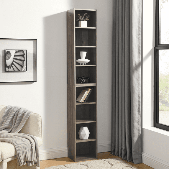 8-Tier Media Tower Storage Rack, Double-Decker CD DVD Shelf with Adjustable Shelves, Tall Narrow Bookcase for Home Office, Freestanding Organizer Cabinet