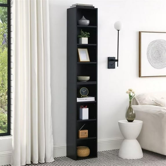 8-Tier Media Tower Rack, CD DVD Slim Storage Cabinet with Adjustable Shelves, Tall Narrow Bookcase Display Bookshelf for Home Office, Multi-Functional Double-Decker Bookcase, Black
