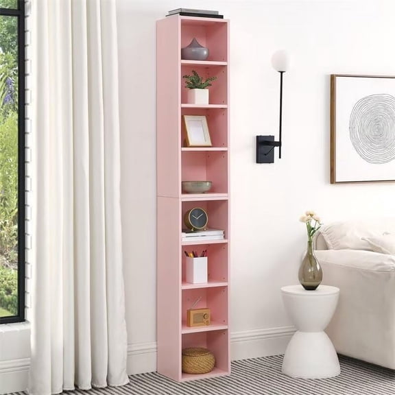 8-Tier Media Tower Rack, CD DVD Slim Storage Cabinet with Adjustable Shelves, Tall Narrow Bookcase Display Bookshelf for Home Office, Multi-Functional Double-Decker Bookcase, Pink