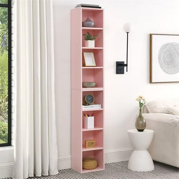 8-Tier Media Tower Rack, CD DVD Slim Storage Cabinet with Adjustable Shelves, Tall Narrow Bookcase Display Bookshelf for Home Office, Multi-Functional Double-Decker Bookcase, Pink