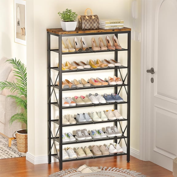 8-Tier Metal Shoe Rack for 32 Pairs with Rustic Wooden Top, Heavy-Duty Organizer for Entryway Closet Garage