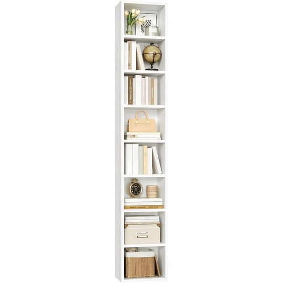 8-Tier Narrow White Media Bookshelf, Adjustable CD DVD Storage Tower Rack, Particleboard Slim Tall Display Bookcase for Bedroom Living Room Office, 11.6x9.3x70.9in