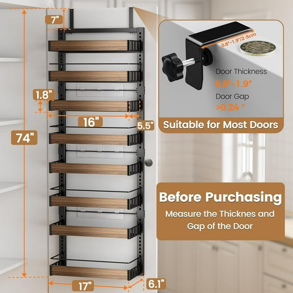 8 Tier Over The Door Pantry Organizer, Adjustable Spice Rack with Wall Mount Storage for Kitchen Cabinet and Closet