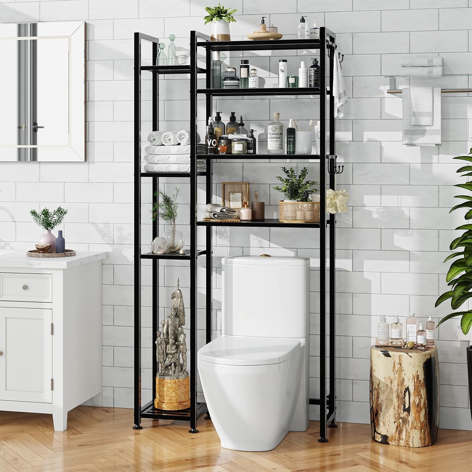 8 Tier Over The Toilet Storage with Side Rack, Bathroom Organizer Metal Shelves for Towels, Black