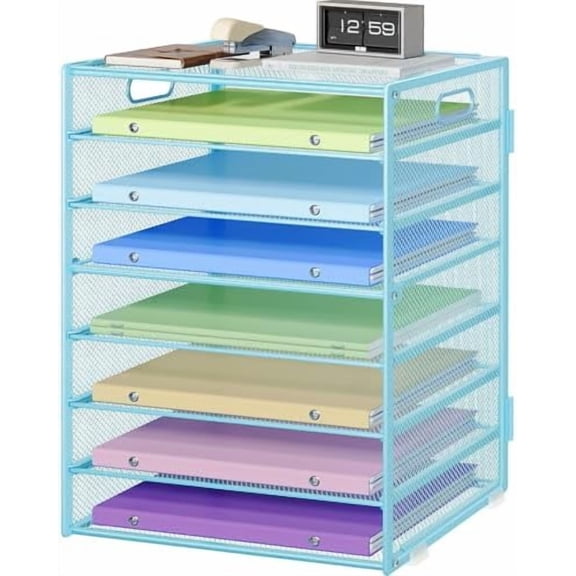 8 Tier Paper Organizer with Handle, Metal Mesh Desk File Organizer, Large Capacity Desk Organizers Paper Letter Tray Desktop Document Sorter for Office, Home or School - Blue