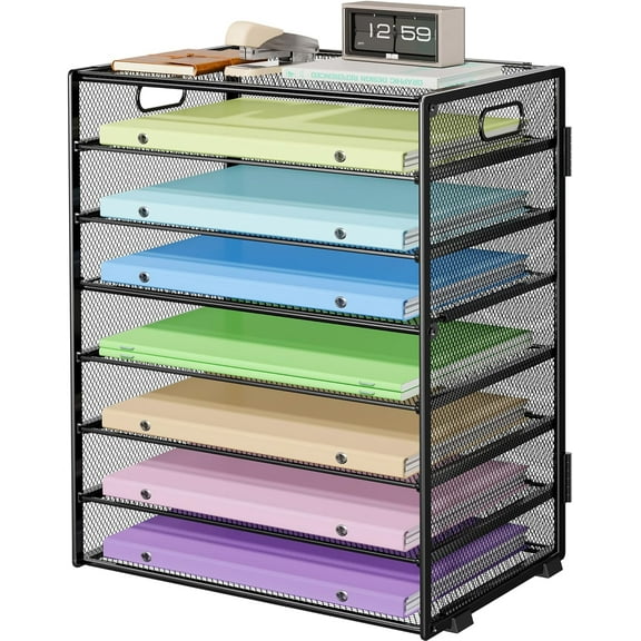 8 Tier Paper Organizer with Handle, Metal Mesh Desk File Organizer, Large Capacity Desk Organizers Paper Letter Tray Desktop Document Sorter for Office, Home or School - Black