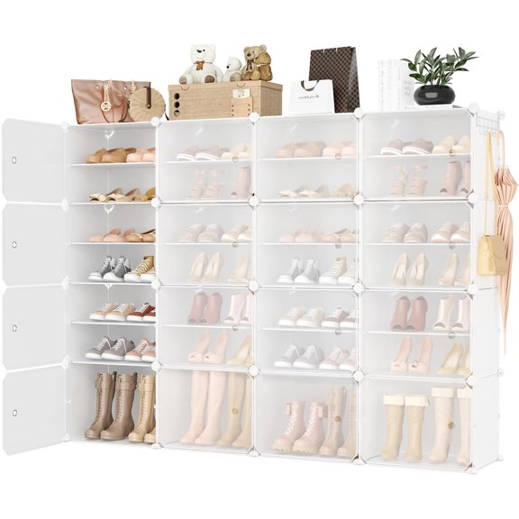 8-Tier Portable Shoe Storage Cabinet with Door, Holds 64 Pairs, Plastic Adjustable Stackable DIY Shoe Organizer, Easy Assembly, White