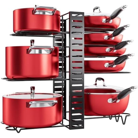 8-Tier Pots and Pans Organizer under Cabinet, 16.61" Height Light Duty Pot and Pan Organizer Kitchen Cabinet Organization and Storage, Adjustable Pot Rack with 3 DIY Methods for Lids, Bakeware