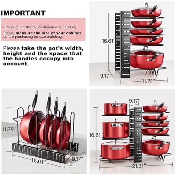 8-Tier Pots and Pans Organizer under Cabinet, 16.61" Height Light Duty Pot and Pan Organizer Kitchen Cabinet Organization and Storage, Adjustable Pot Rack with 3 DIY Methods for Lids, Bakeware