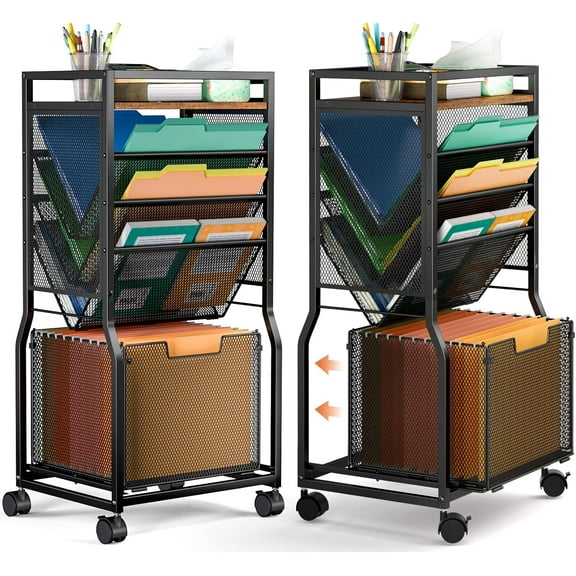 8 Tier Rolling File Cart with Hanging Folder Organizer, Mobile Office File Organizer with Dual-Side Access, Wheeled Bookcase under Desk Cart for Home School