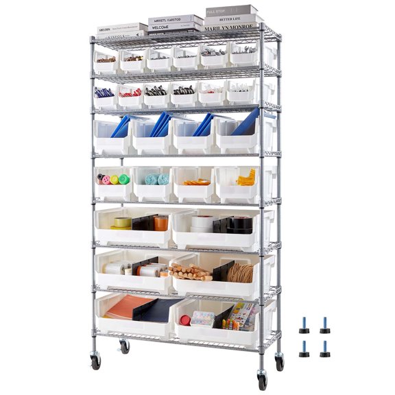 8-Tier Rolling Steel Wire Parts Storage Cart with 26 Plastic Organizer Bins & Wheels, Mobile Bin Rack for Garage Kitchen Warehouse Classroom Restaurant